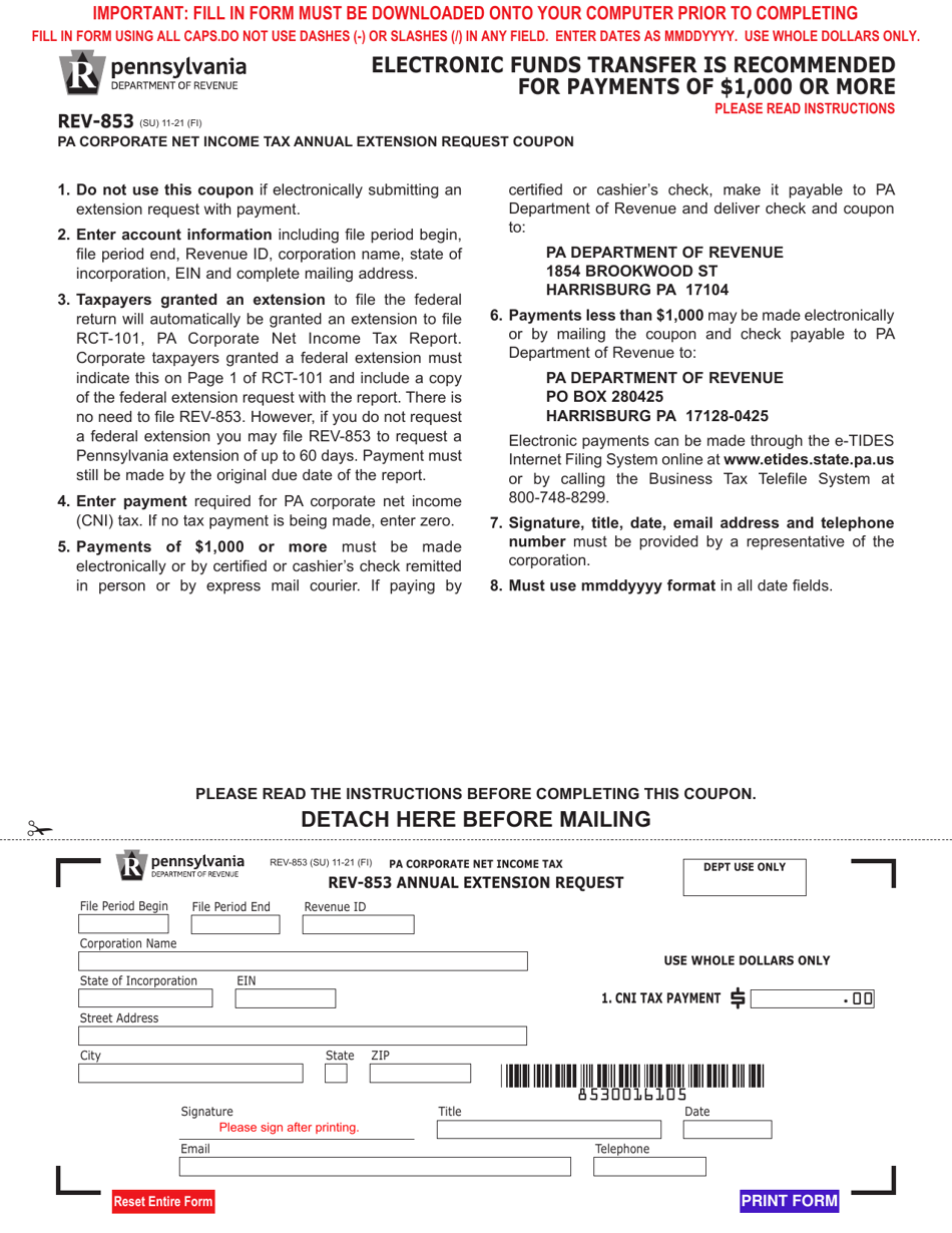 Form REV-853 Pa Corporate Net Income Tax Annual Extension Request Coupon - Pennsylvania, Page 1