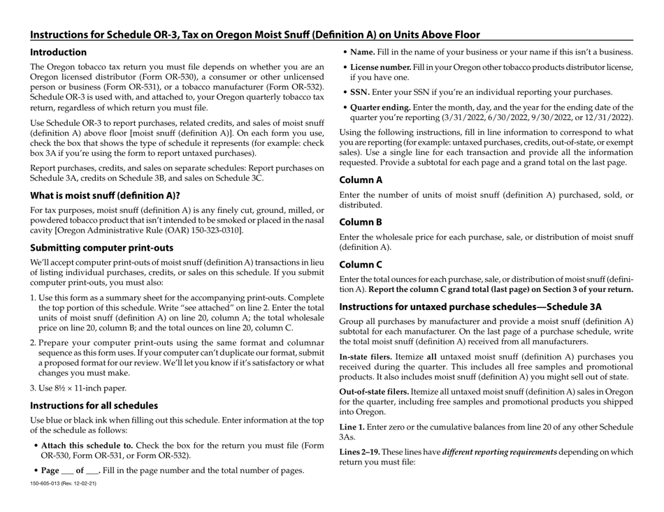 Form 150-605-013 Schedule OR-3 Tax on Moist Snuff (Definition a) on Units Above Floor - Oregon, Page 2