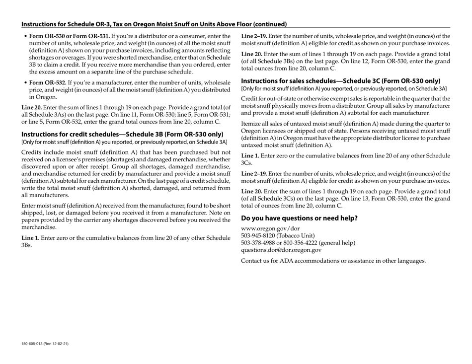 Form 150-605-013 Schedule OR-3 Tax on Moist Snuff (Definition a) on Units Above Floor - Oregon, Page 3