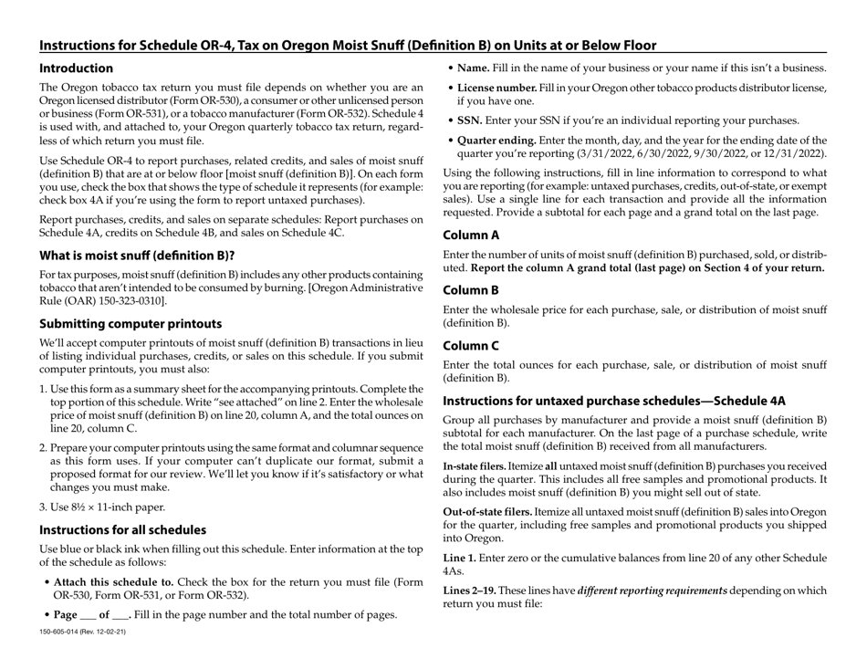 Form 150-605-014 Schedule OR-4 Tax on Moist Snuff (Definition B) on Units at or Below Floor - Oregon, Page 2