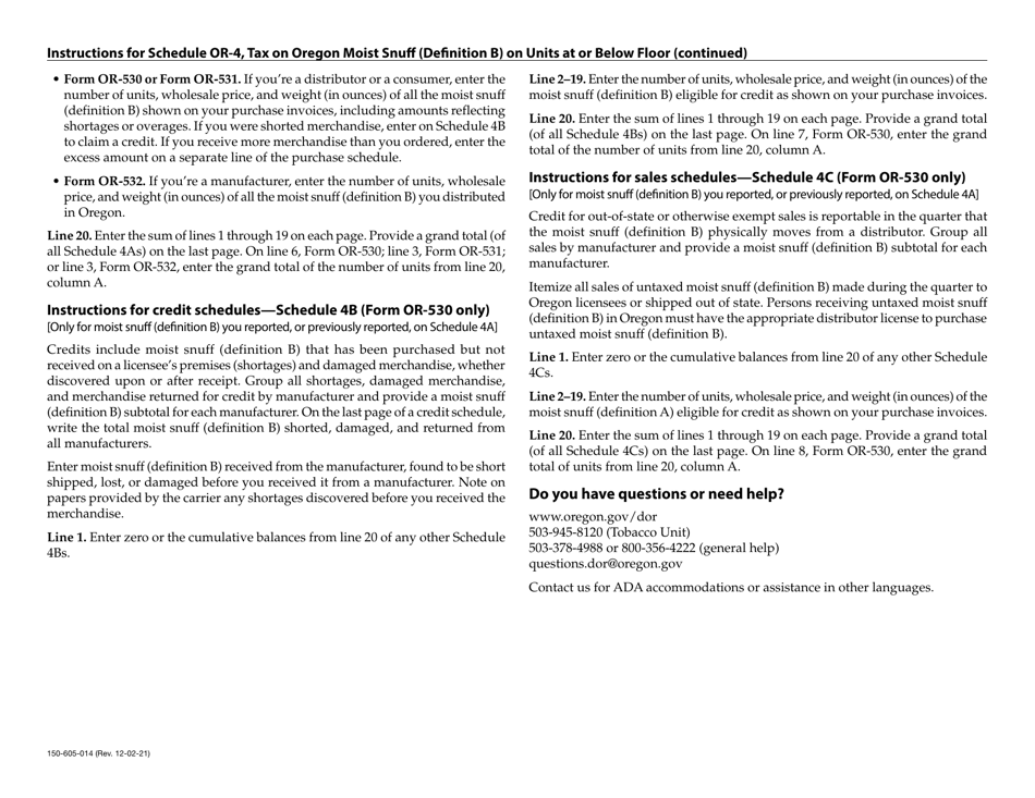 Form 150-605-014 Schedule OR-4 Tax on Moist Snuff (Definition B) on Units at or Below Floor - Oregon, Page 3