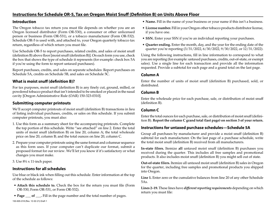 Form 150-605-018 Schedule OR-5 Tax on Moist Snuff (Definition B) on Units Above Floor - Oregon, Page 2