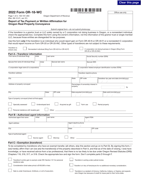 Form OR-18-WC (150-101-284) 2022 Printable Pdf