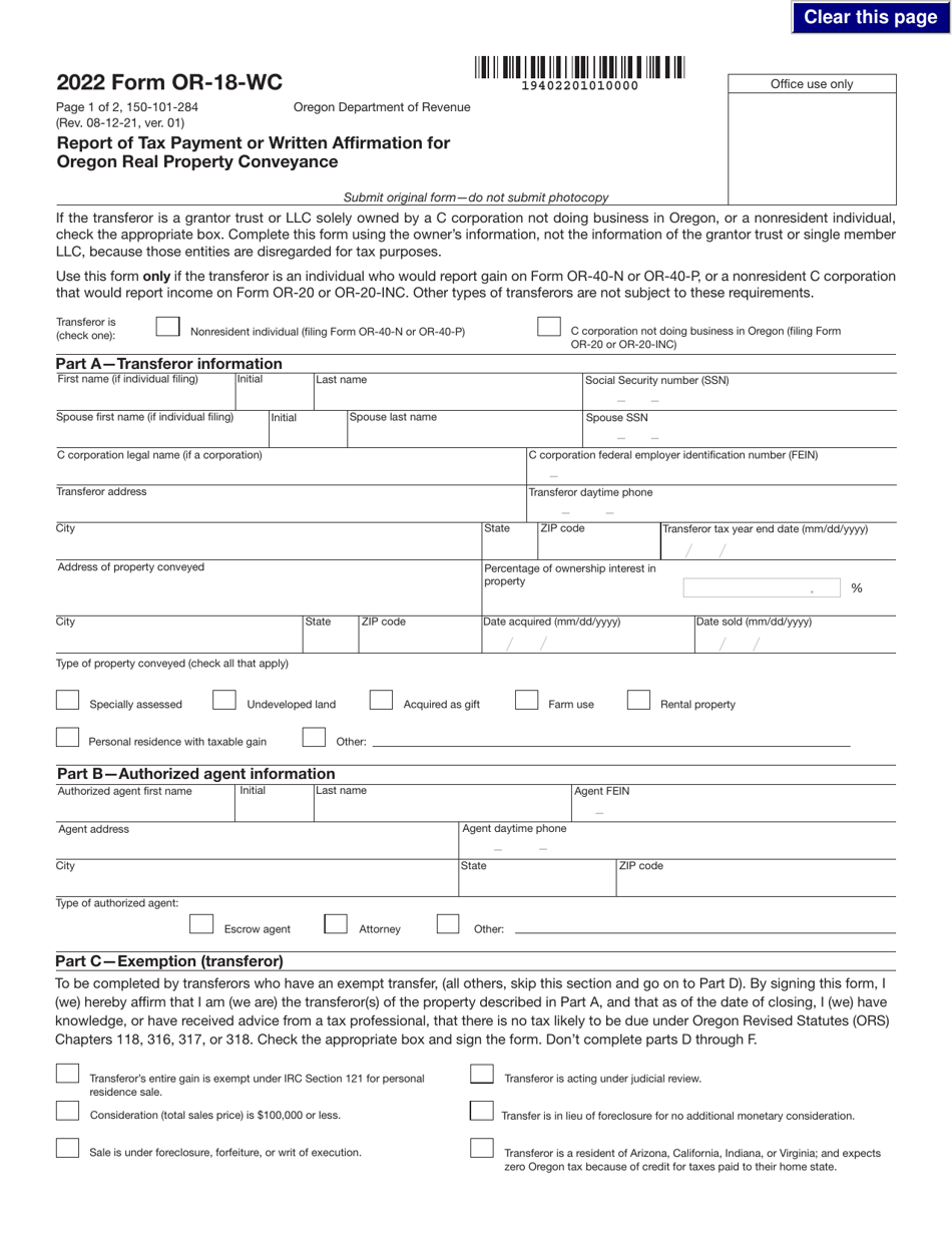 Form OR-18-WC (150-101-284) Report of Tax Payment or Written Affirmation for Oregon Real Property Conveyance - Oregon, Page 1