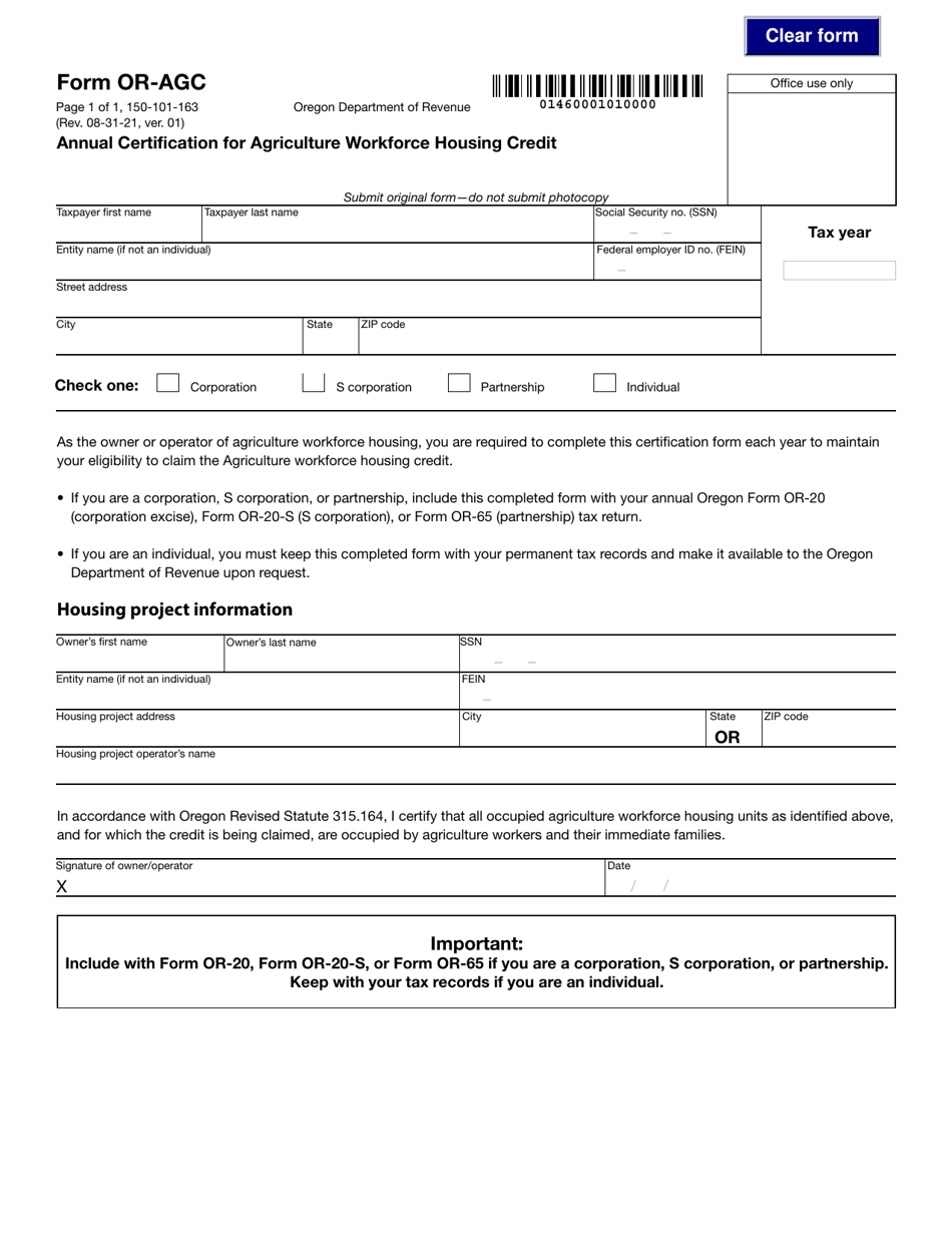 Form OR-AGC Download Fillable PDF or Fill Online Annual Certification ...