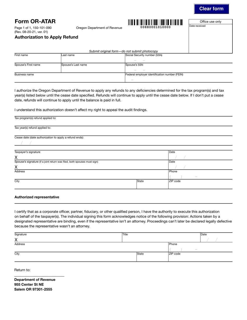 Form OR-ATAR Authorization to Apply Refund - Oregon, Page 1