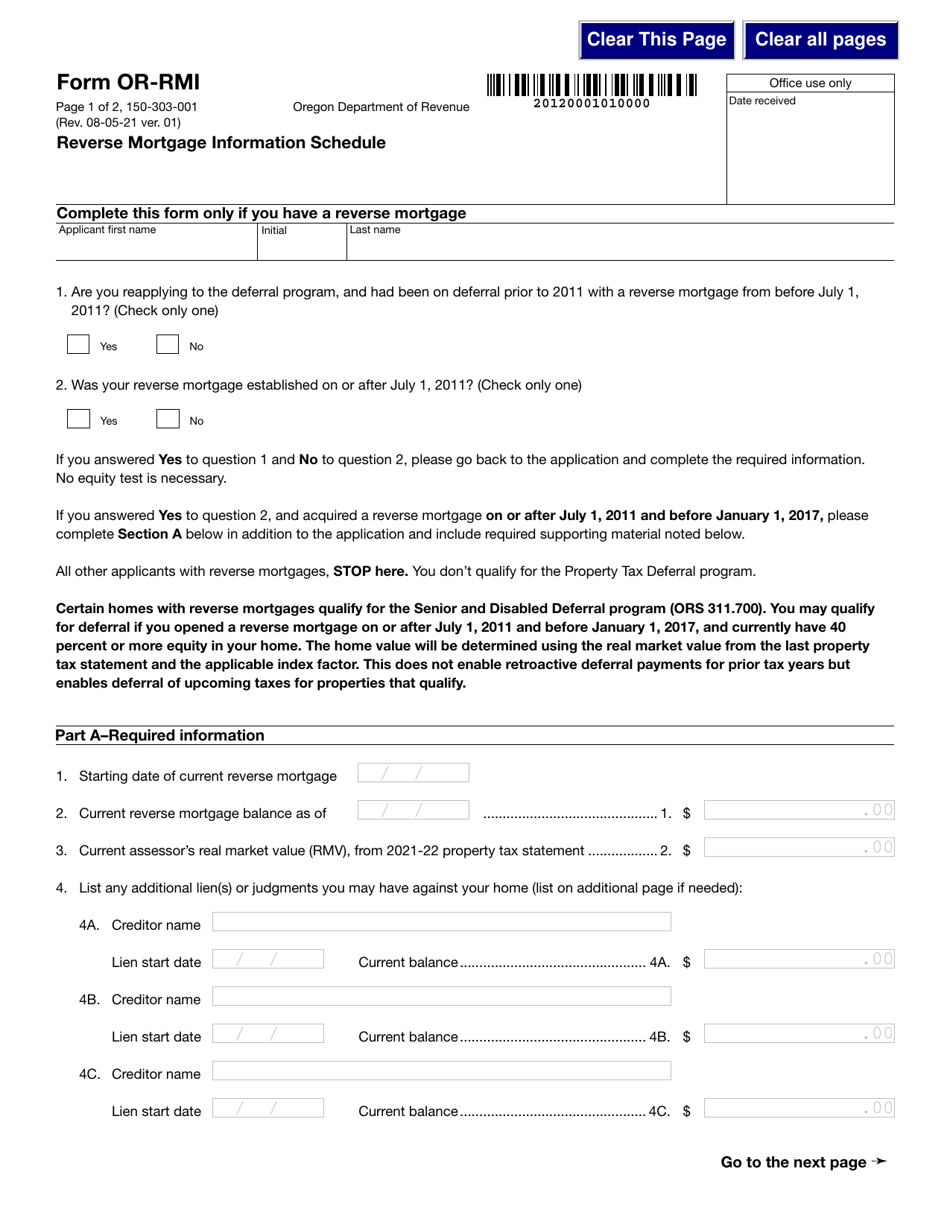 Form OR-RMI (150-303-001) Reverse Mortgage Information Schedule - Oregon, Page 1