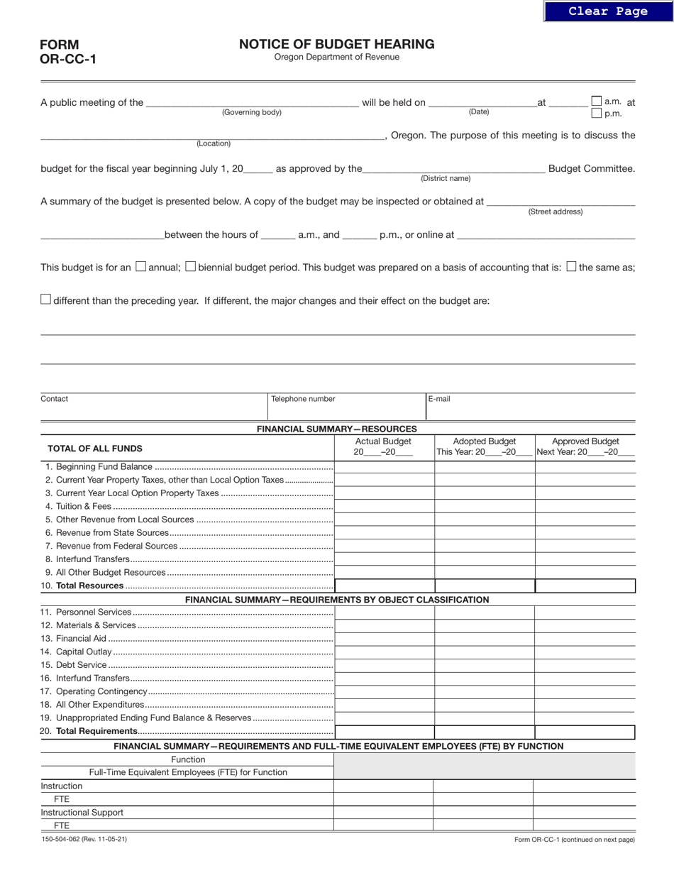 Form OR-CC-1 (150-504-062) Notice of Budget Hearing - Education Districts - Local Budget Law - Oregon, Page 1