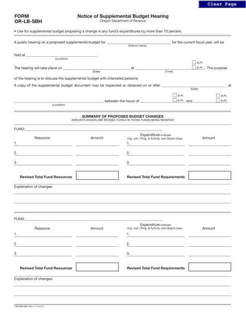 Form OR-LB-SBH (150-504-067)  Printable Pdf