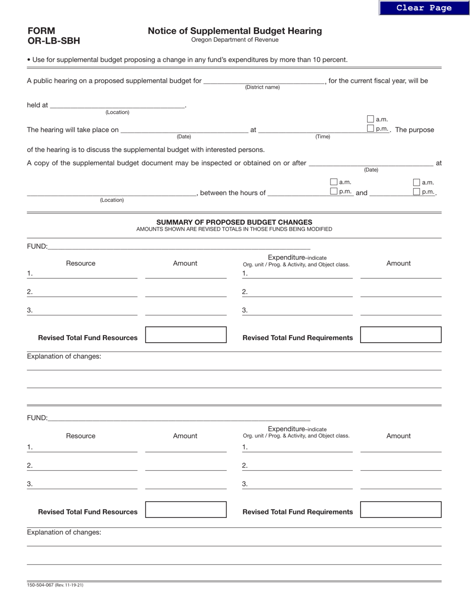 Form OR-LB-SBH (150-504-067) Notice of Supplemental Budget Hearing - Oregon, Page 1
