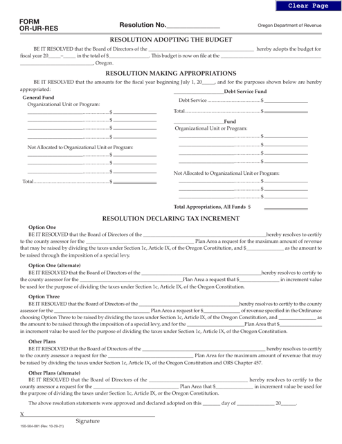 Form OR-UR-RES (150-504-081)  Printable Pdf