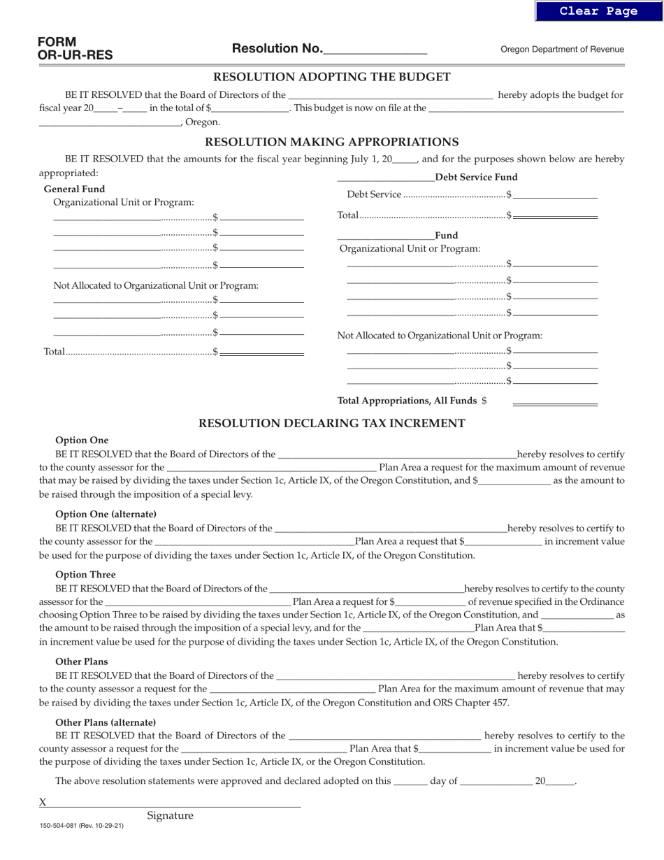 Form OR-UR-RES (150-504-081) Resolution Adopting the Budget - Urban Renewal Agencies - Local Budget Law - Oregon, Page 1