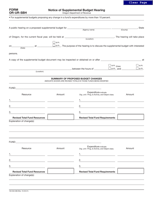 Form OR-UR-SBH (150-504-080)  Printable Pdf