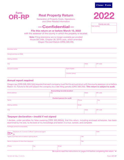 Form OR-RP (150-301-031) 2022 Printable Pdf