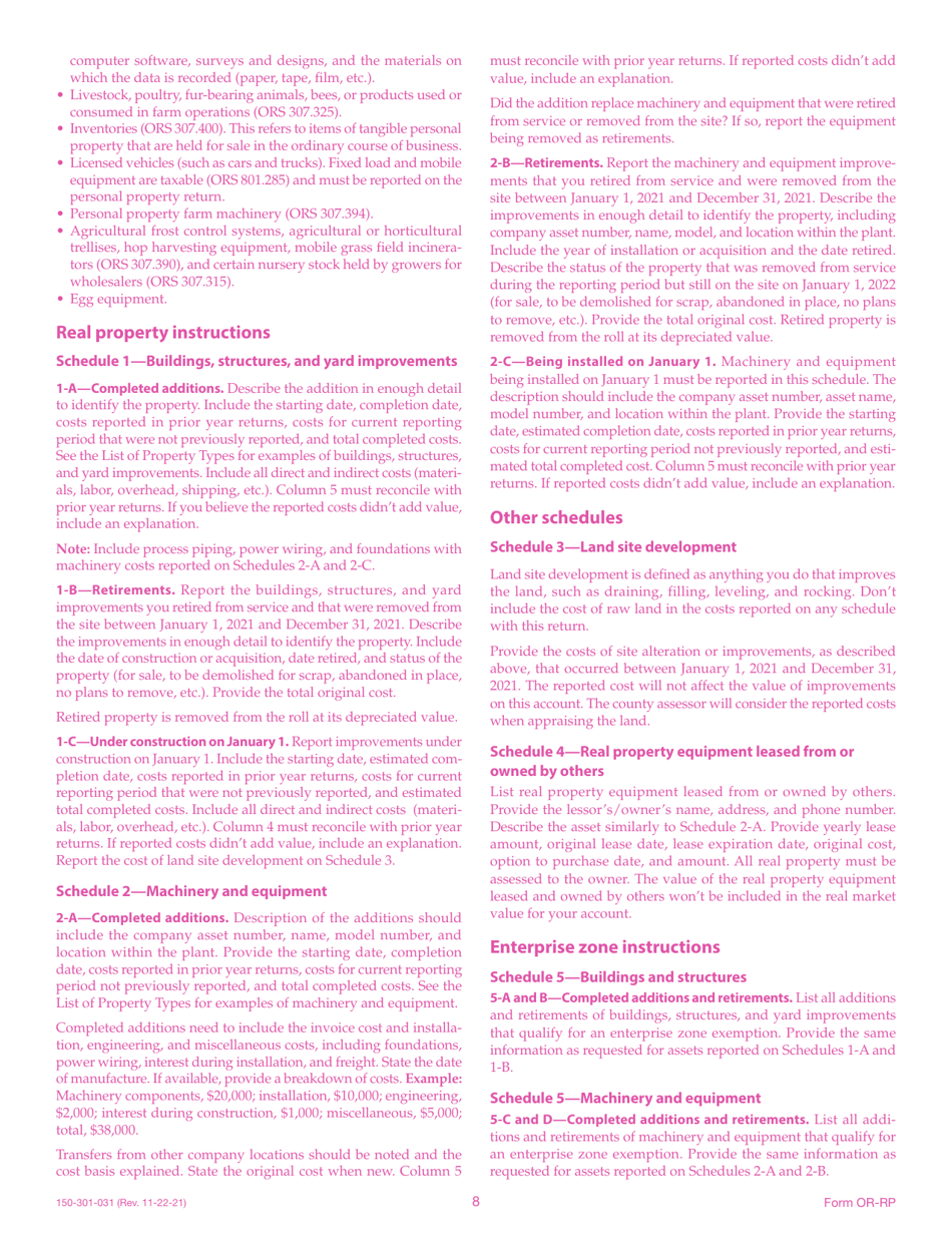 Form OR-RP (150-301-031) Real Property Return - Oregon, Page 8