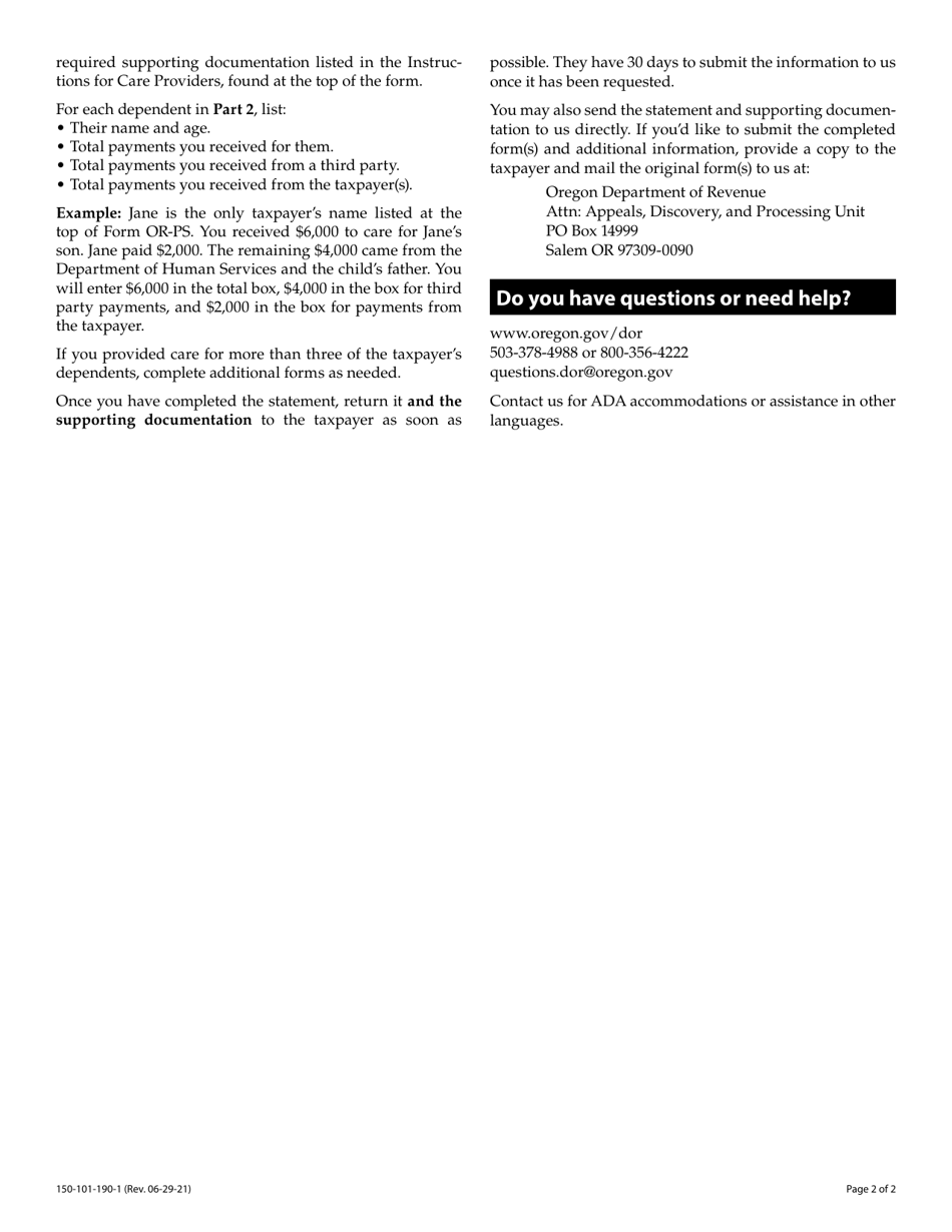 Instructions for Form OR-PS, 150-101-190 Care Provider Statement - Oregon, Page 2