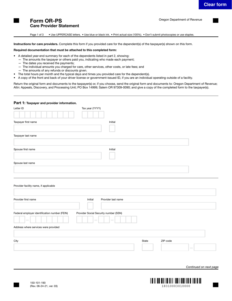 Form OR-PS (150-101-190) Care Provider Statement - Oregon, Page 1