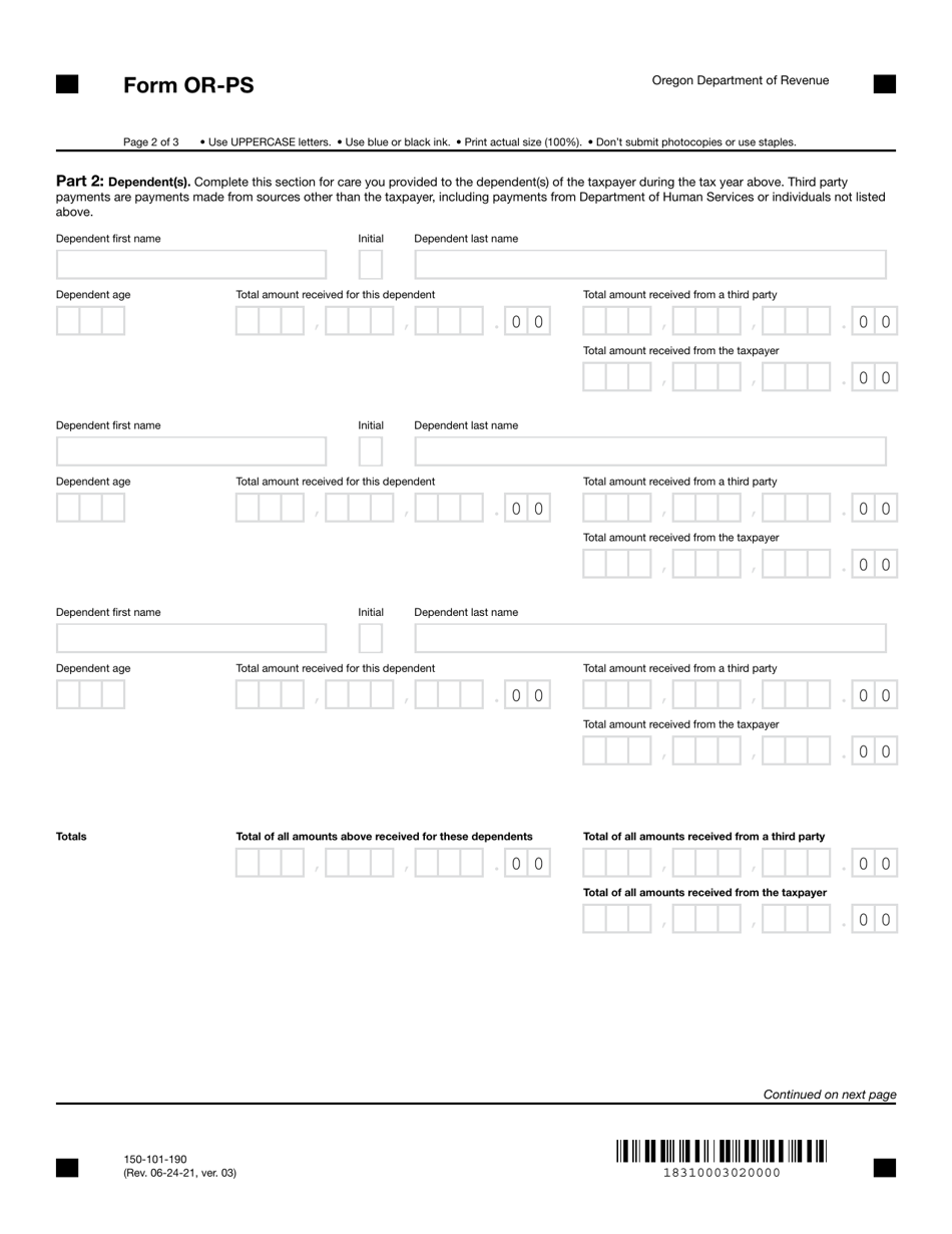 Form OR-PS (150-101-190) Care Provider Statement - Oregon, Page 2