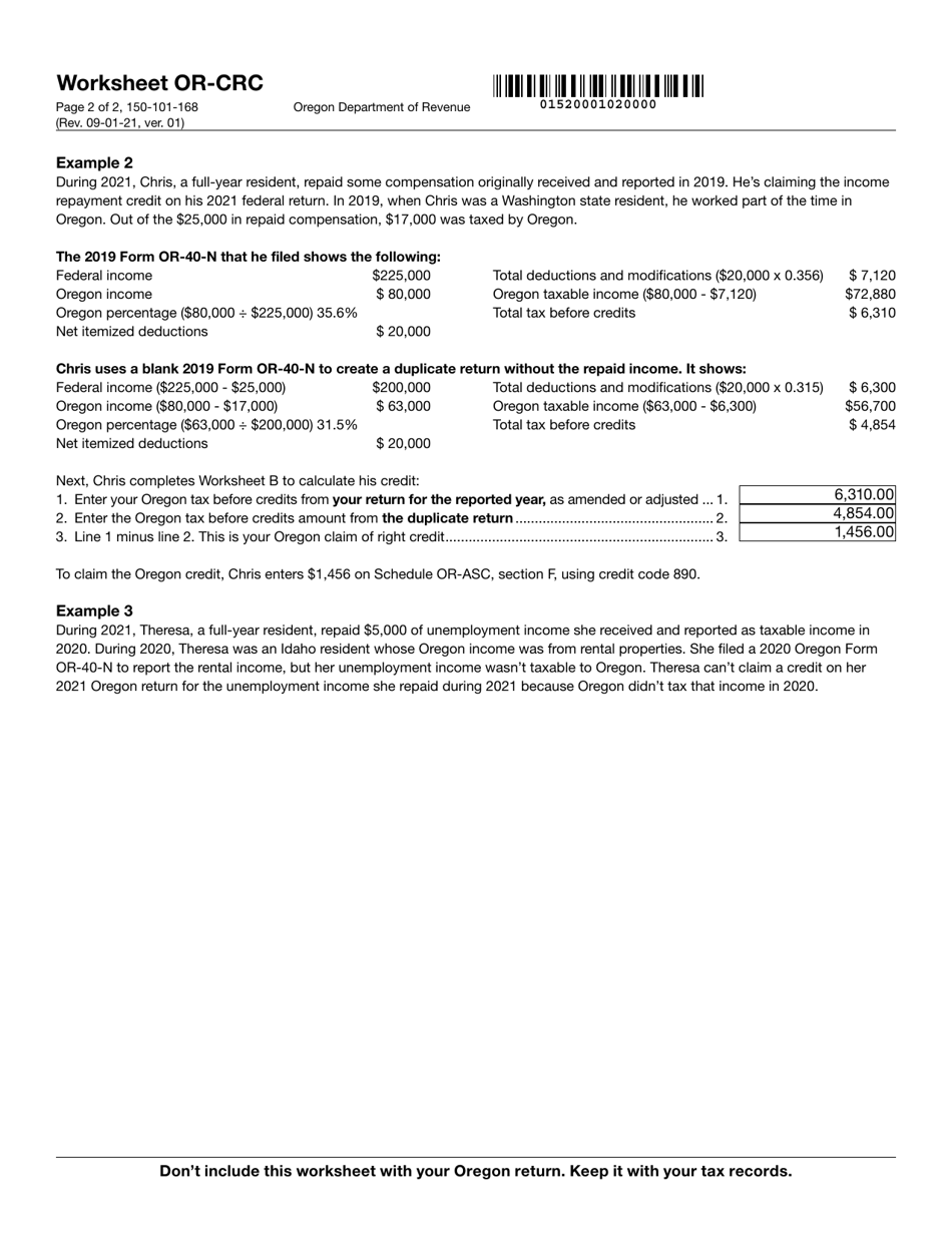 Form 150-101-168 Worksheet OR-CRC Claim of Right Income Repayments - Oregon, Page 3