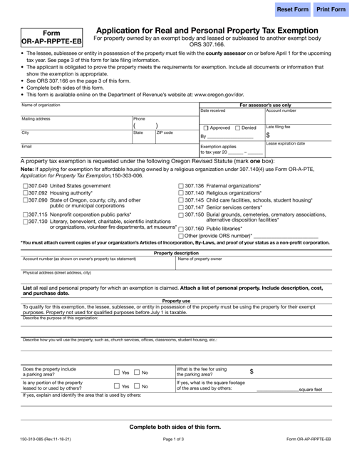 Form OR-AP-RPPTE-EB (150-310-085) Application for Real and Personal Property Tax Exemption for Property Owned by an Exempt Body and Leased or Subleased to Another Exempt Body - Oregon