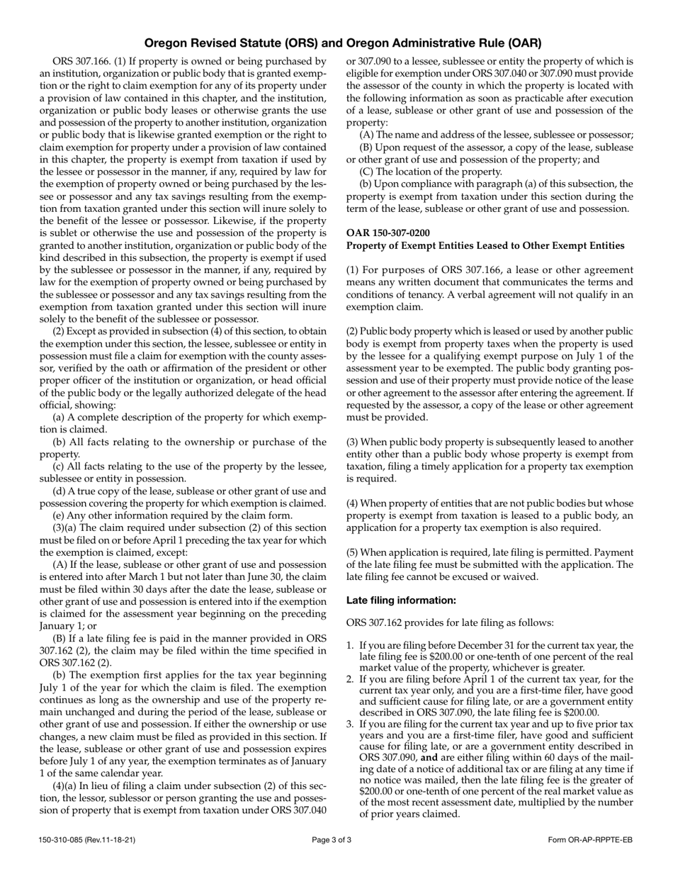 Form OR-AP-RPPTE-EB (150-310-085) Application for Real and Personal Property Tax Exemption for Property Owned by an Exempt Body and Leased or Subleased to Another Exempt Body - Oregon, Page 3