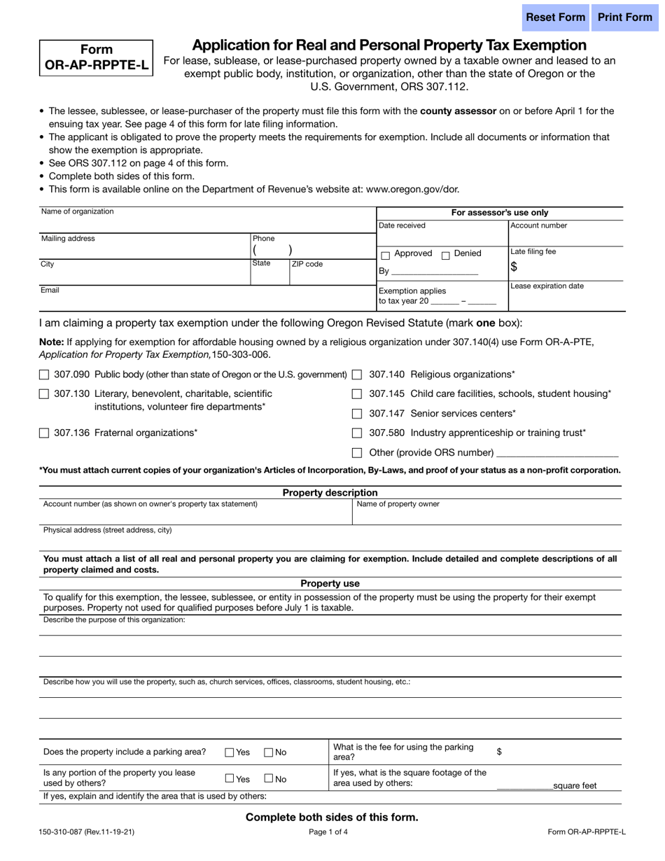 Form OR-AP-RPPTE-L (150-310-087) Application for Real and Personal Property Tax Exemption for Lease, Sublease, or Lease-Purchased Property Owned by a Taxable Owner and Leased to an Exempt Public Body, Institution, or Organization - Oregon, Page 1