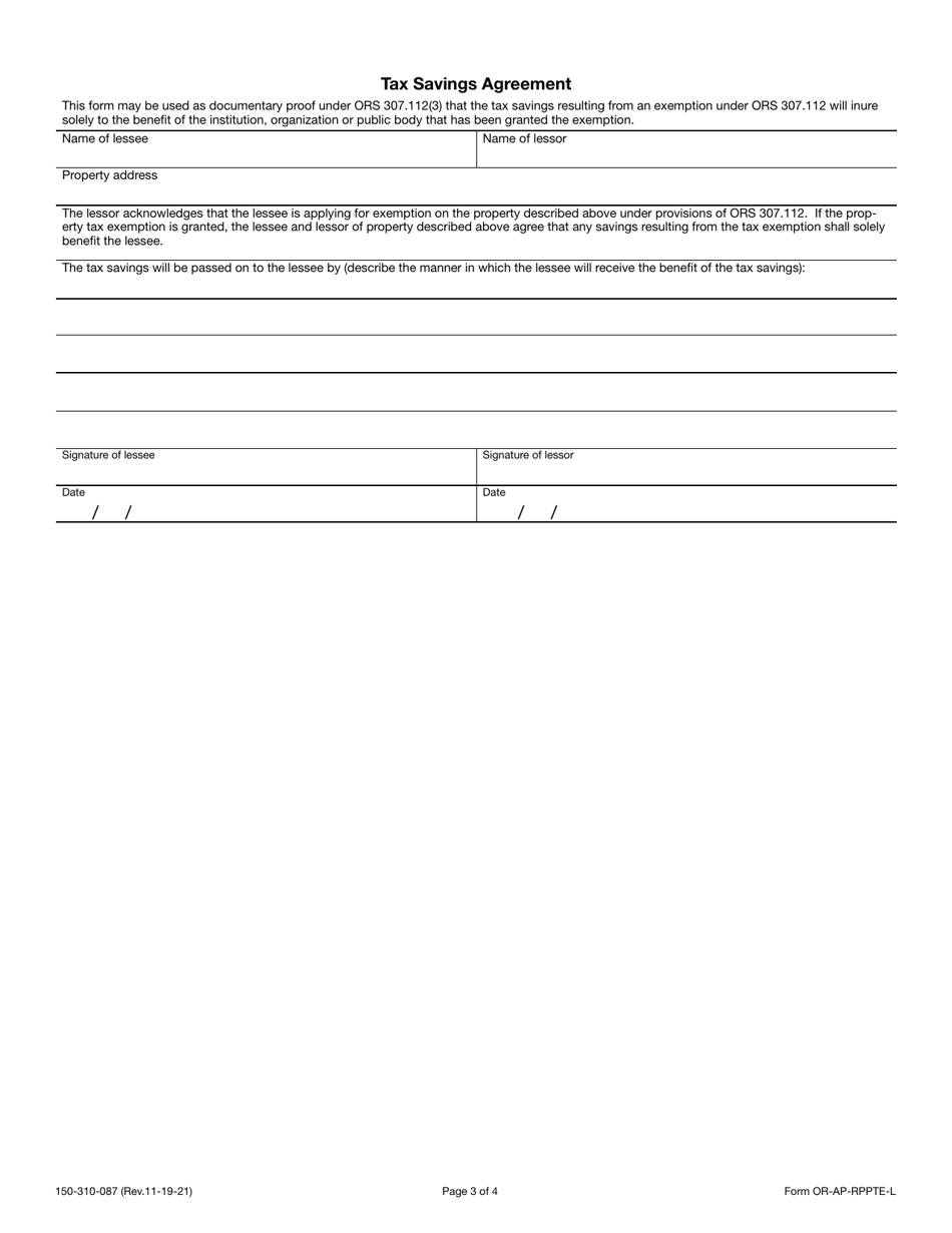 Form OR-AP-RPPTE-L (150-310-087) Application for Real and Personal Property Tax Exemption for Lease, Sublease, or Lease-Purchased Property Owned by a Taxable Owner and Leased to an Exempt Public Body, Institution, or Organization - Oregon, Page 3