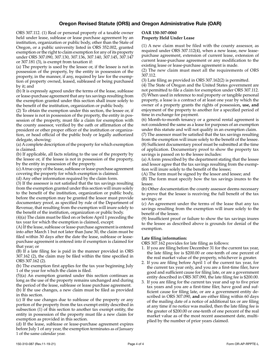 Form OR-AP-RPPTE-L (150-310-087) Application for Real and Personal Property Tax Exemption for Lease, Sublease, or Lease-Purchased Property Owned by a Taxable Owner and Leased to an Exempt Public Body, Institution, or Organization - Oregon, Page 4