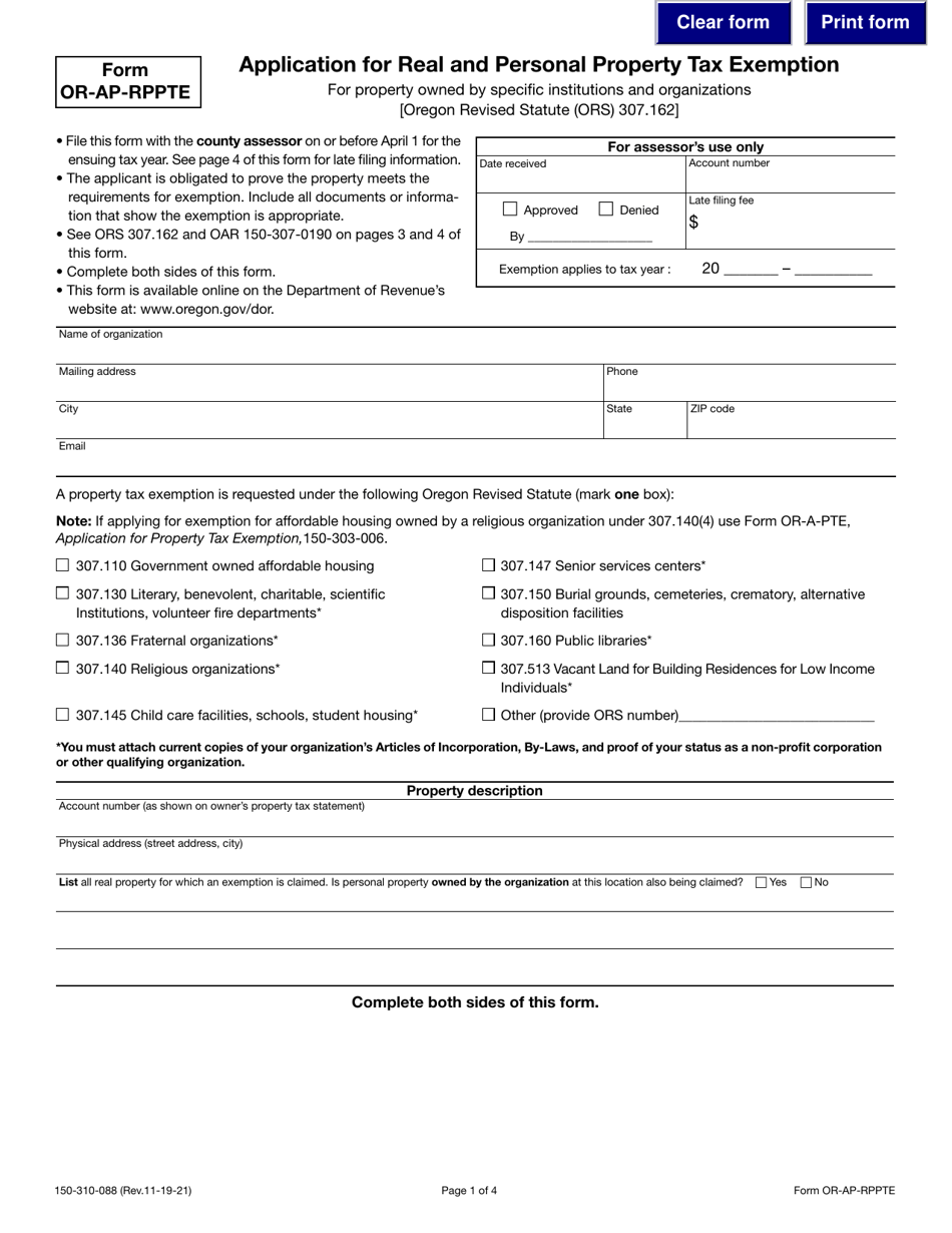Form OR-AP-RPPTE (150-310-088) Application for Real and Personal Property Tax Exemption for Property Owned by Specific Institutions and Organizations - Oregon, Page 1
