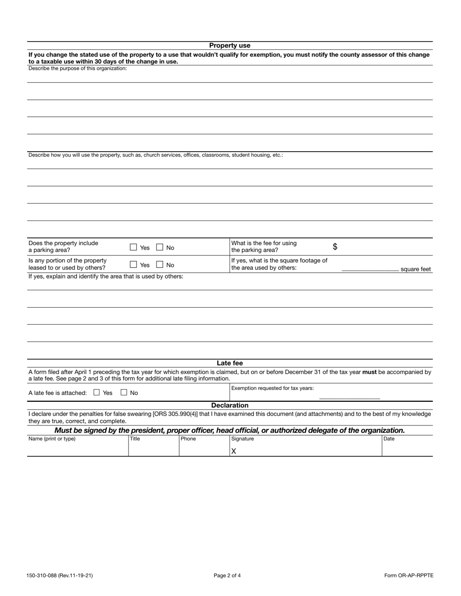 Form OR-AP-RPPTE (150-310-088) Application for Real and Personal Property Tax Exemption for Property Owned by Specific Institutions and Organizations - Oregon, Page 2