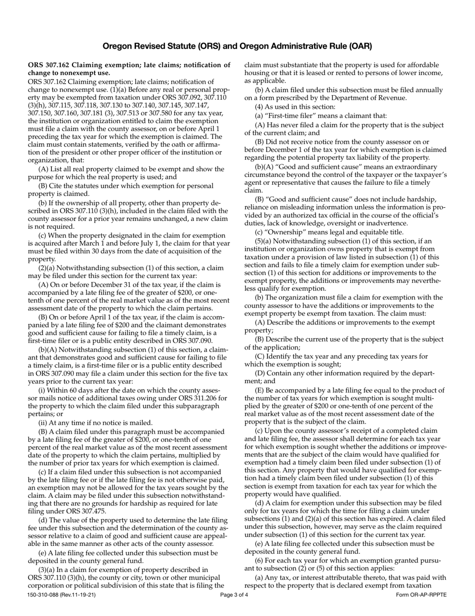 Form OR-AP-RPPTE (150-310-088) Application for Real and Personal Property Tax Exemption for Property Owned by Specific Institutions and Organizations - Oregon, Page 3