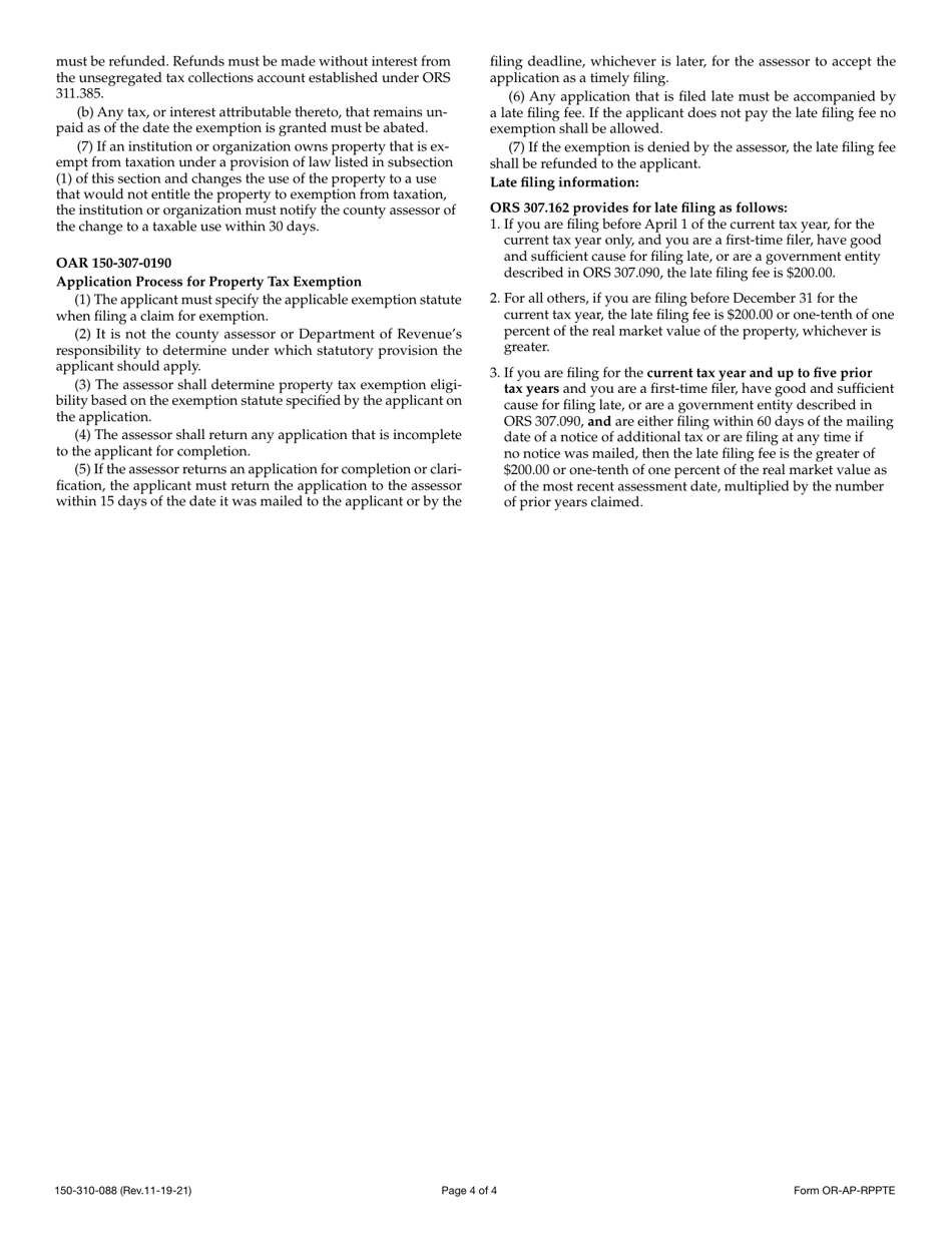 Form OR-AP-RPPTE (150-310-088) Application for Real and Personal Property Tax Exemption for Property Owned by Specific Institutions and Organizations - Oregon, Page 4