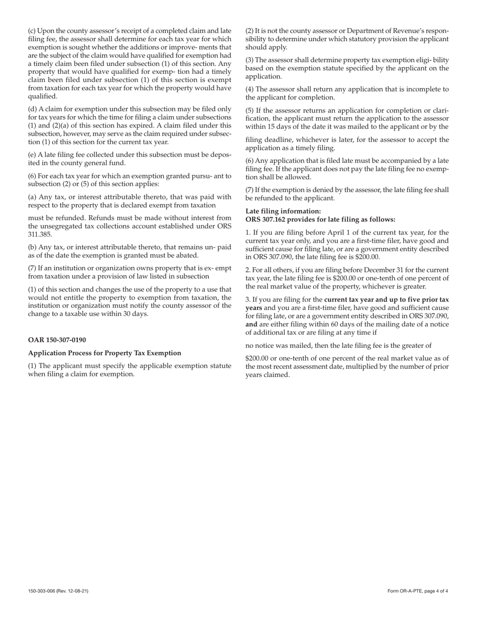 Form OR-A-PTE (150-303-006) Application for Property Tax Exemption - Oregon, Page 4