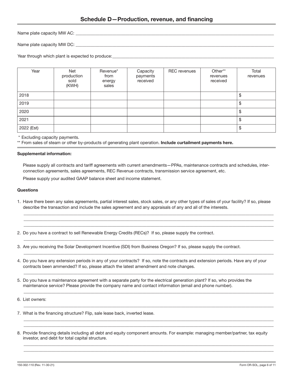 Form OR-SOL (150-302-110) Annual Statement - Solar Oregon Property Tax Report - Oregon, Page 6