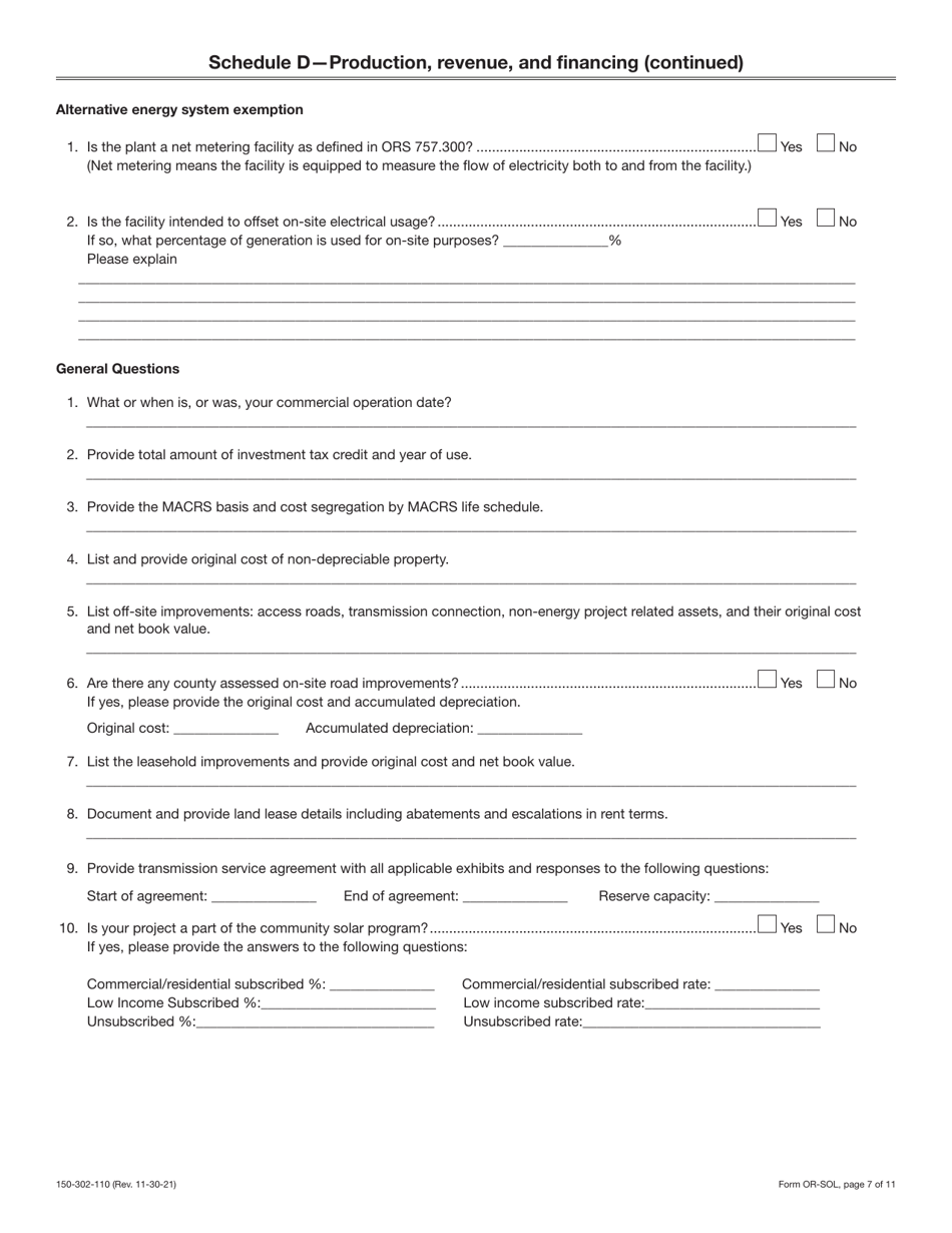 Form OR-SOL (150-302-110) Annual Statement - Solar Oregon Property Tax Report - Oregon, Page 7