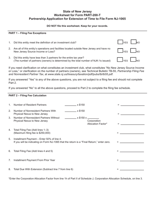 Form PART-200-T Fee Worksheet for Partnership Application for Extension of Time to File Form Nj-1065 - New Jersey