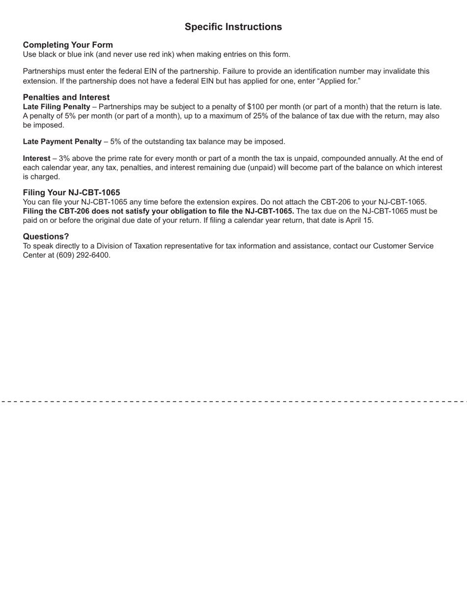 Form CBT-206 Partnership Application for Extension of Time to File Form Nj-Cbt-1065 - New Jersey, Page 2