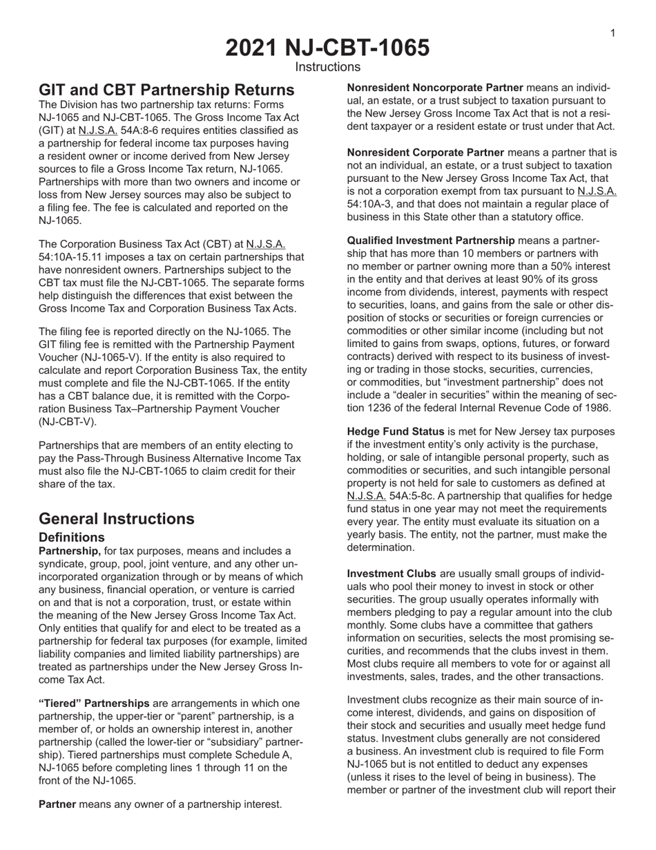 Instructions for Form NJ-CBT-1065 New Jersey Partnership Return - Corporation Business Tax - New Jersey, Page 1