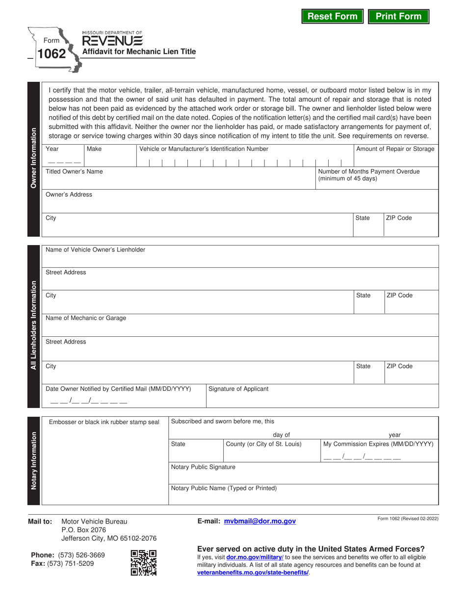 Form 1062 Affidavit for Mechanic Lien Title - Missouri, Page 1