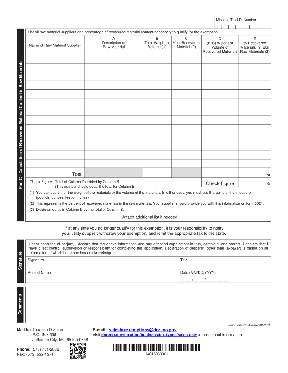 Form 1749 E-25 Application for 25 Percent Recovered Material Electrical Energy Exemption for Manufacturing - Missouri, Page 3