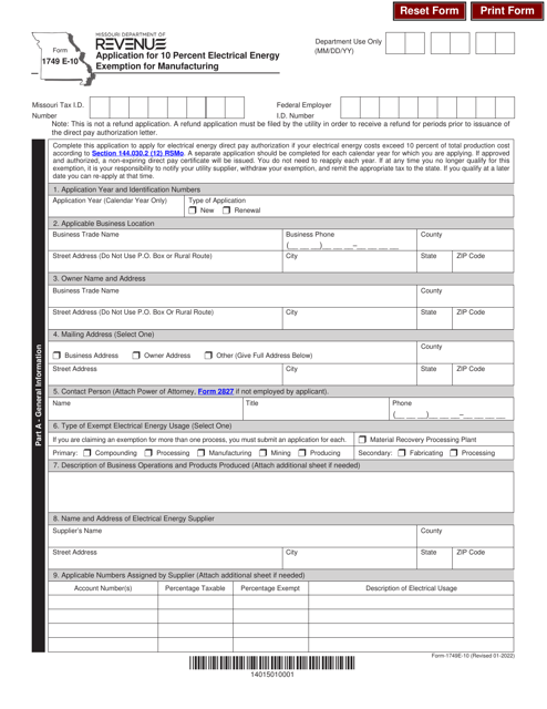 Form 1749 E-10 Application for 10 Percent Electrical Energy Exemption for Manufacturing - Missouri