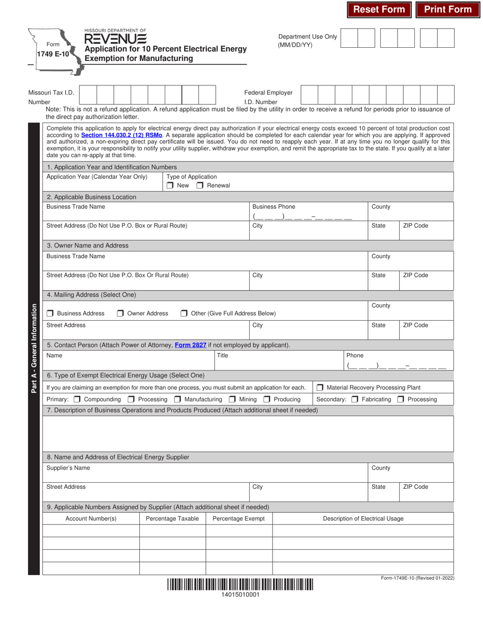Form 1749 E-10 Application for 10 Percent Electrical Energy Exemption for Manufacturing - Missouri, Page 1