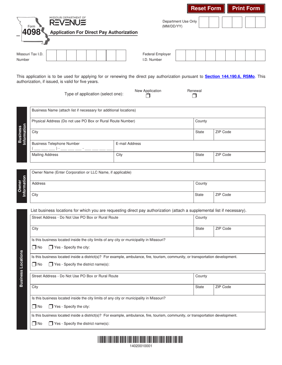 Form 4098 Application for Direct Pay Authorization - Missouri, Page 1