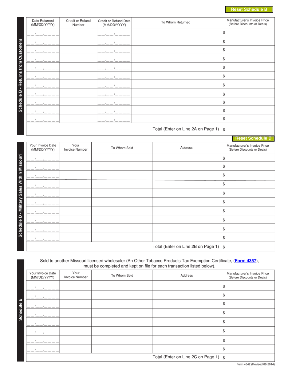 Form 4342 Other Tobacco Products Monthly Report - Out-of-State Wholesalers Selling Into Missouri - Missouri, Page 2