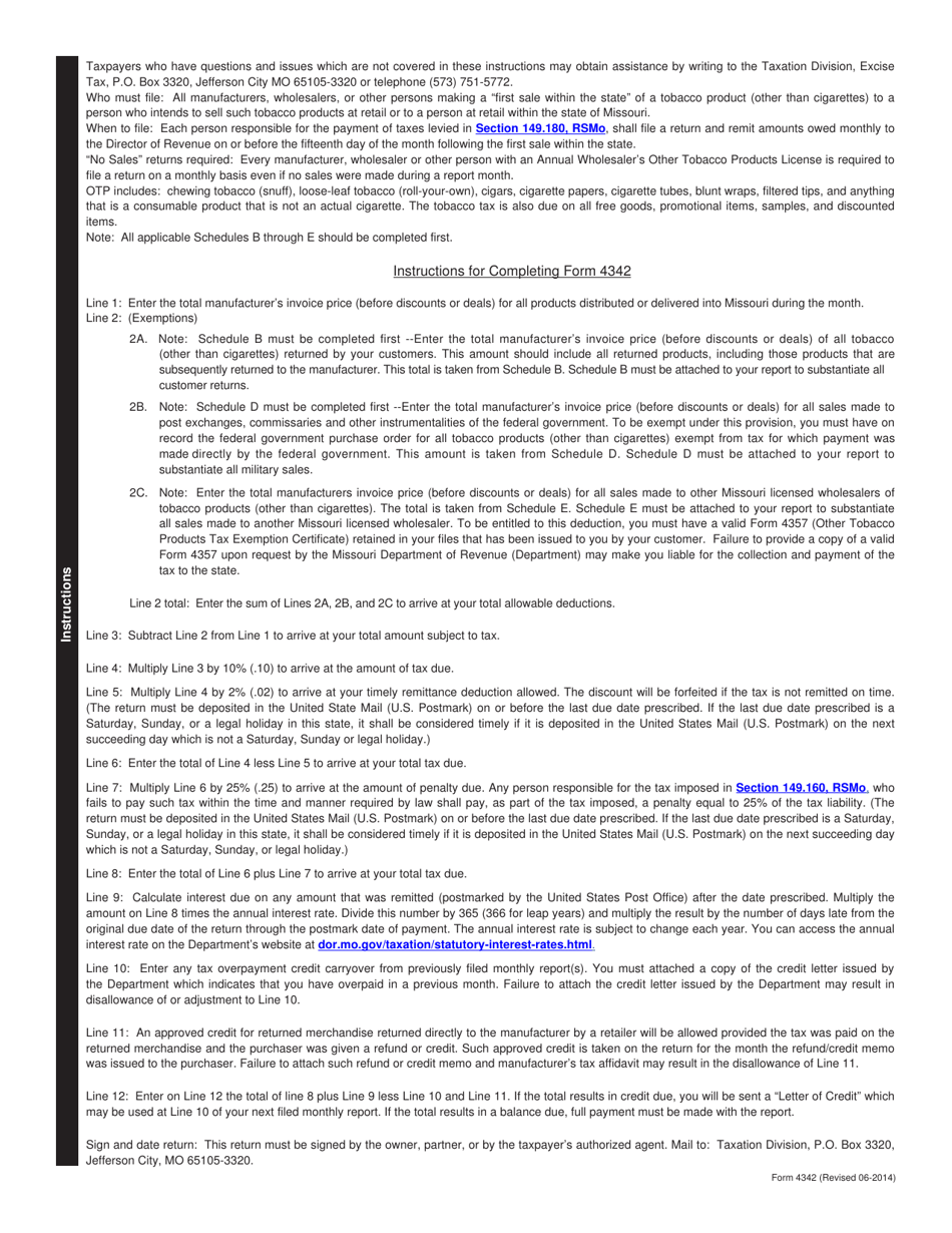 Form 4342 Other Tobacco Products Monthly Report - Out-of-State Wholesalers Selling Into Missouri - Missouri, Page 3
