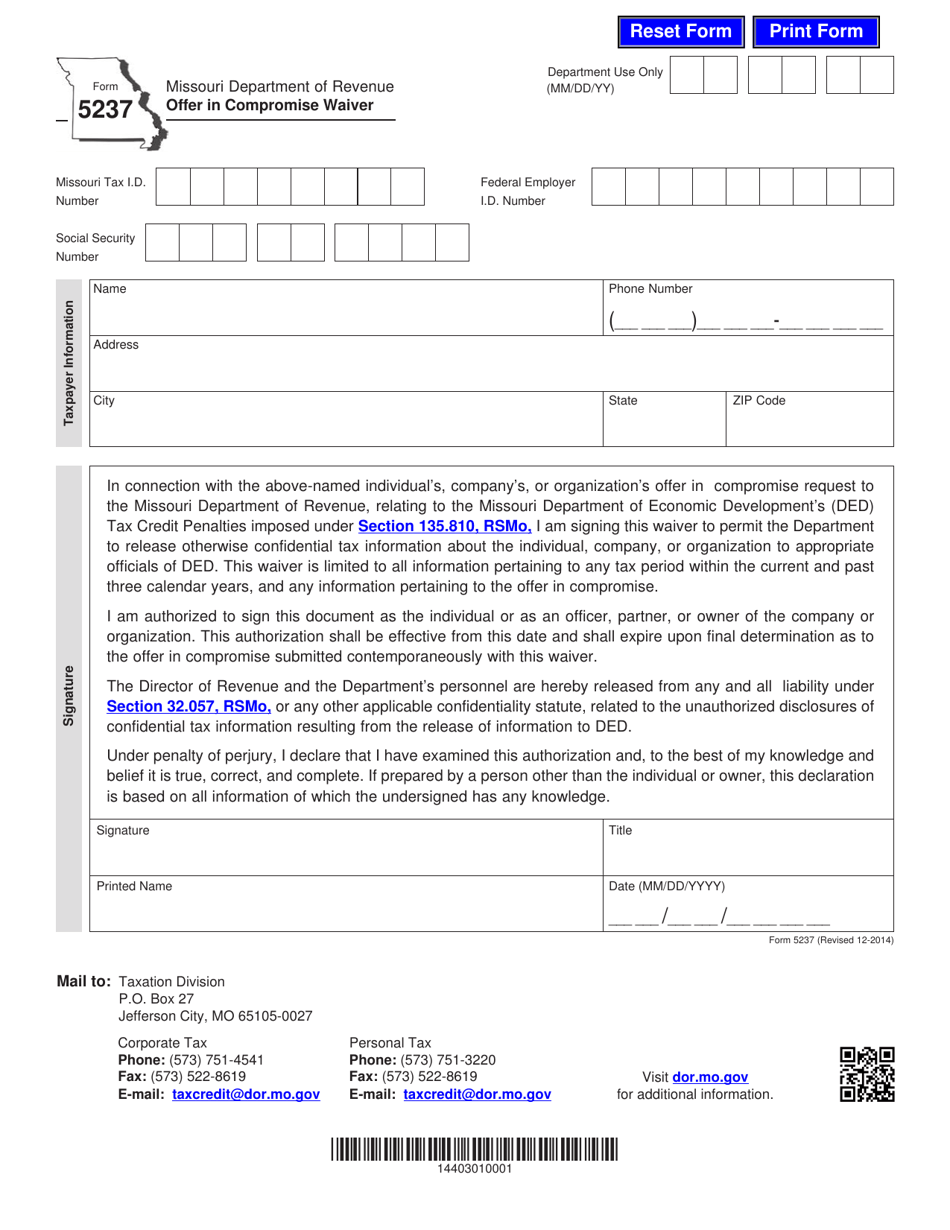 Form 5237 Offer in Compromise Waiver - Missouri, Page 1