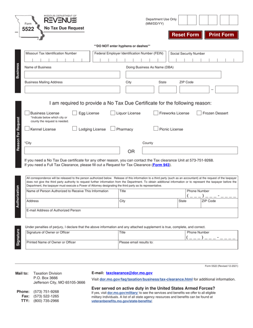Form 5522 No Tax Due Request - Missouri