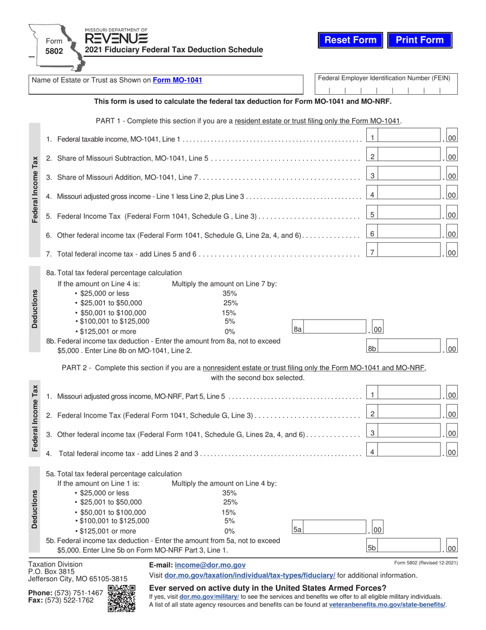 Form 5802 Fiduciary Federal Tax Deduction Schedule - Missouri, Page 1