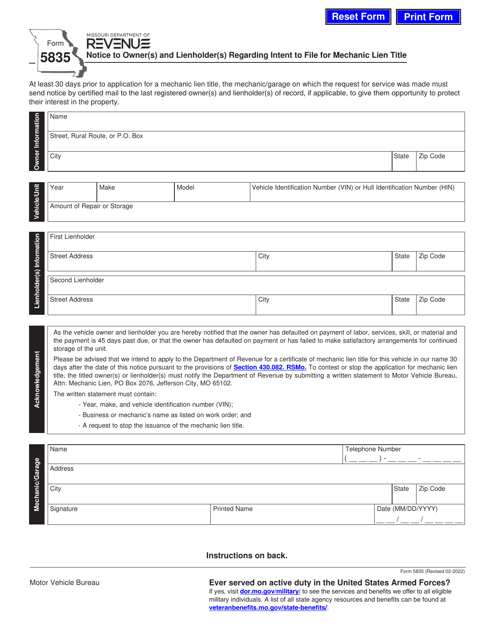 Form 5835  Printable Pdf
