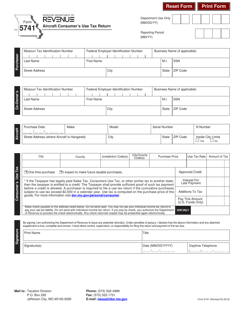 Form 5741 Aircraft Consumers Use Tax Return - Missouri, Page 1